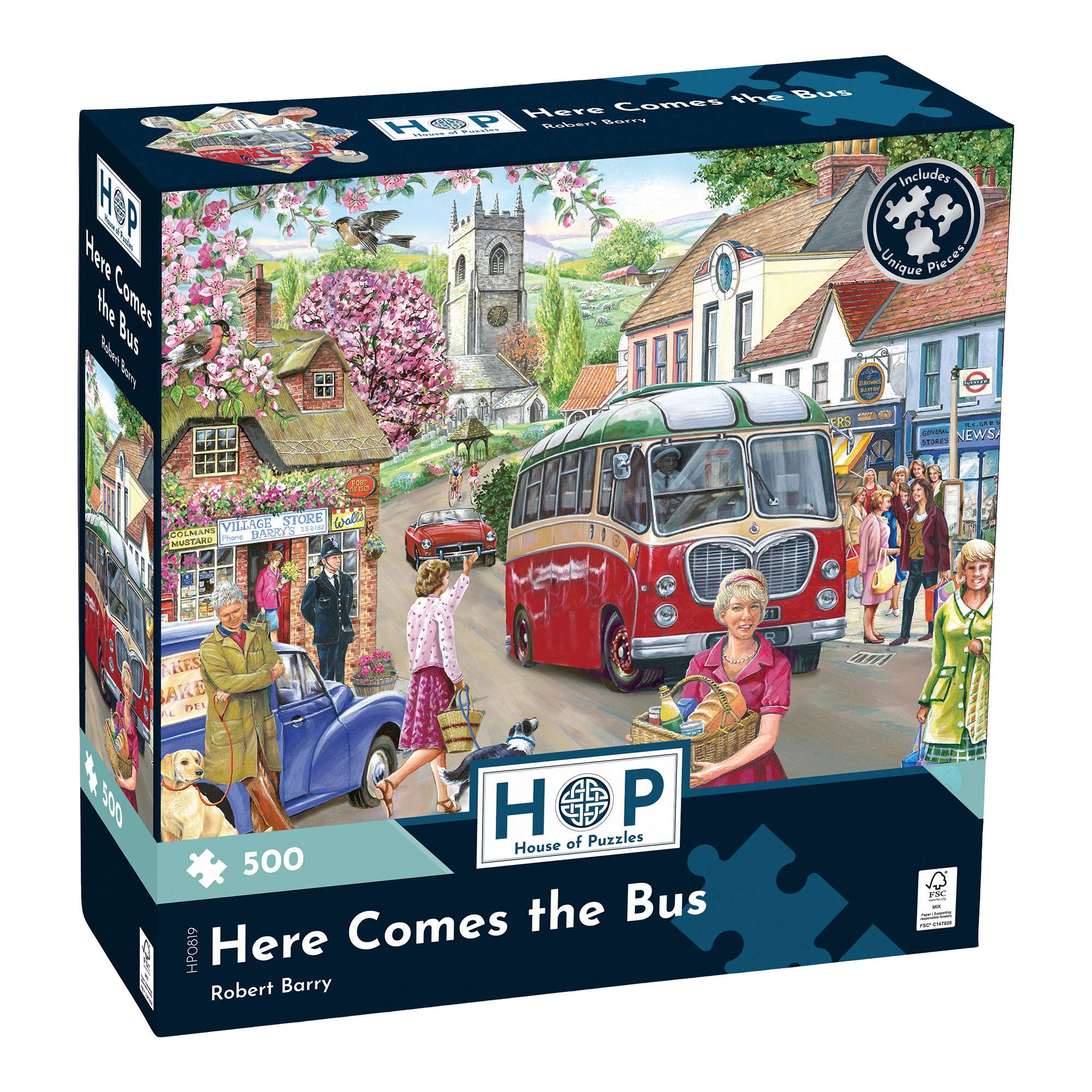 house-of-puzzles-here-comes-the-bus-puzzle-500-pi-ces-village image 1