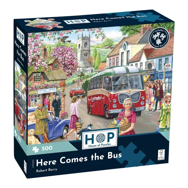 house-of-puzzles-here-comes-the-bus-puzzle-500-pi-ces-village image 1