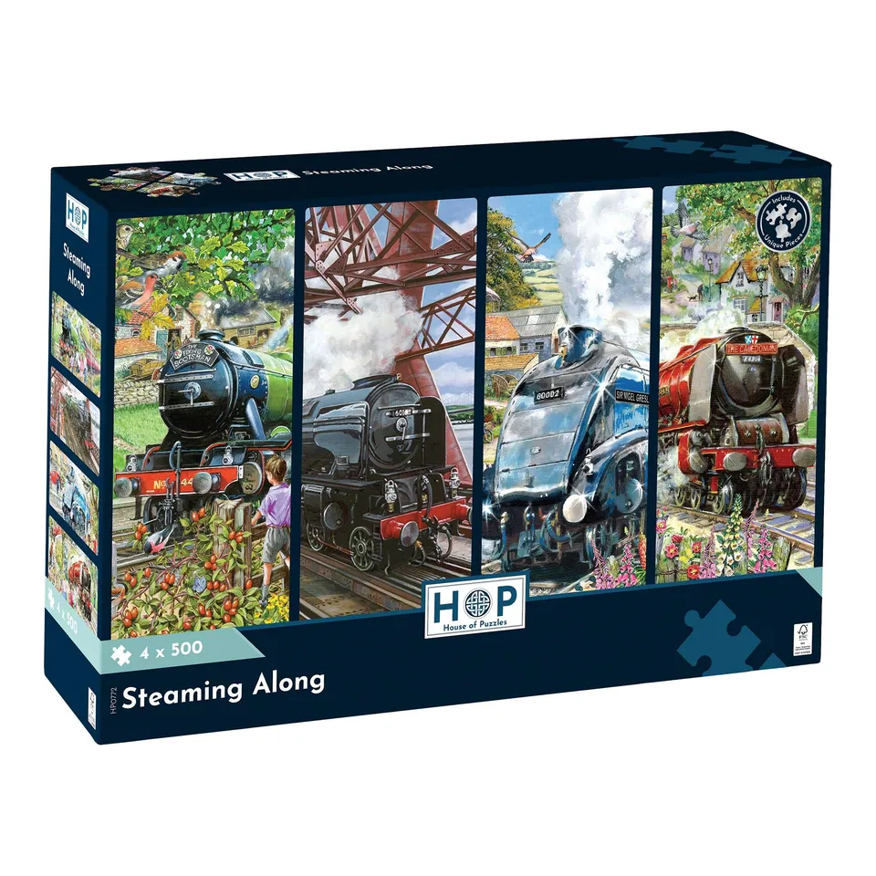 house-of-puzzles-steaming-along-coffret-4-puzzles-500-pi-ces-trains image 1